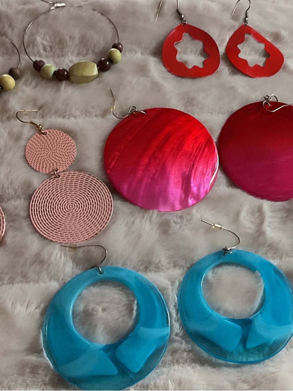 5 SETS Bold Disc Drop and Hoop Earrings in Pink, Turquoise, Red, Multicolor